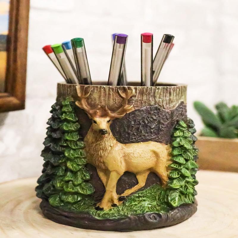 Rustic Western Buck Stag Deer By Green Forest Trees Stationery Pen Brush Holder