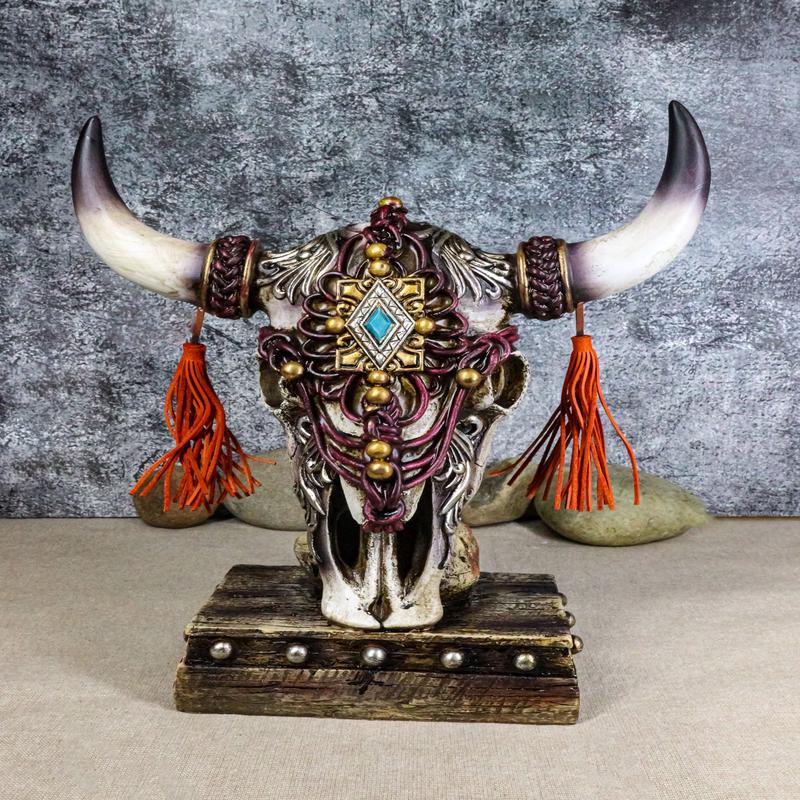 Rustic Western Cow Skull Turquoise Diamond Scrollwork Tassels Trophy Figurine