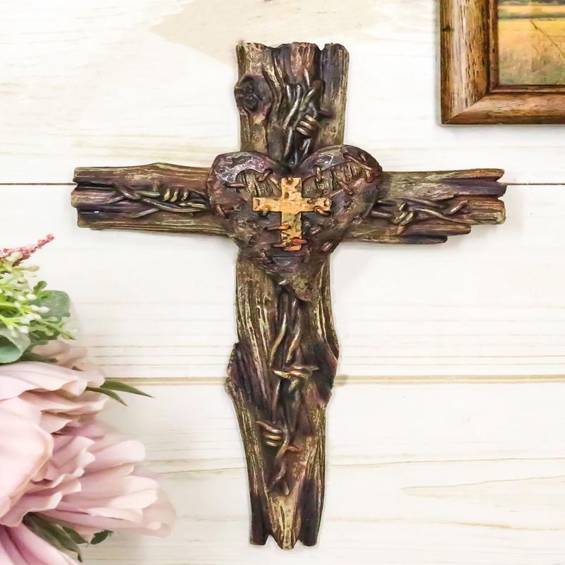 Rustic Western Distressed Faux Wooden Barbed Wires With Heart Plaque Wall Cross