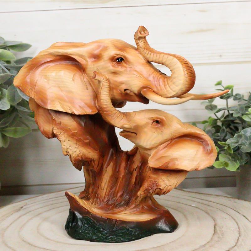 Safari Wildlife Elephant Father And Calf With Trunk Up Bust Faux Wood Figurine