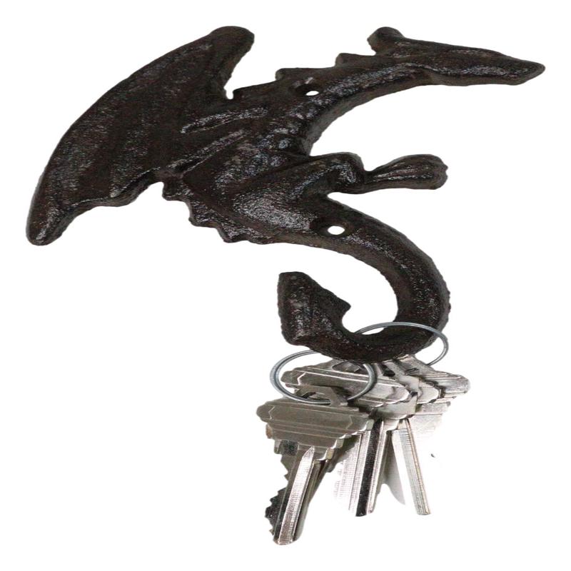 Set Of 2 Cast Iron Climbing Winged Sentinel Guardian Dragon Wall Hooks Sculpture
