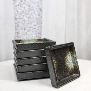 Set Of 6 Charcoal Grey Tone Hakumu Art Ceramic Square Condiment Sauce Dishes 2oz