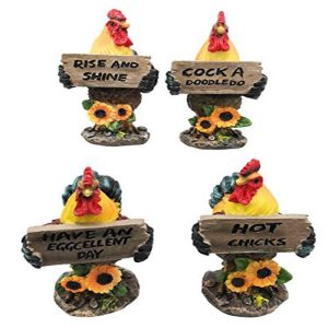 Set of Four Roosters Country Chickens Holding Funny Sayings Signs Figurine
