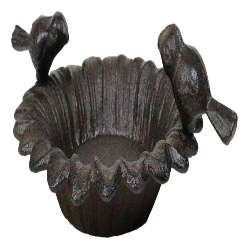 Small Rustic Cast Iron Lovebirds Perching On Sunflower Garden Bird Feeder Bath