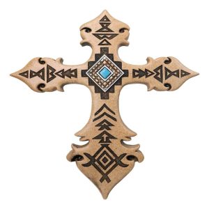 Southwestern Rustic Aztec Vectors Turquoise Diamond Cream Wall Cross Figurine
