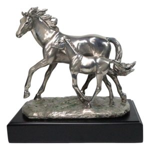 Western Horse and Foal Chrome Electroplated Resin Figurine With Museum Base