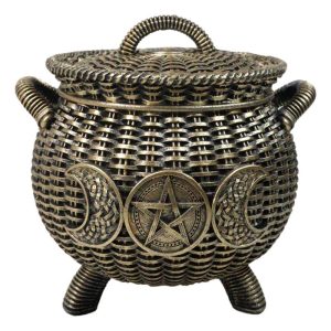 Wiccan Triple Moon Cauldron Pot In Wicker Finish Decorative Trinket Crystals Box
