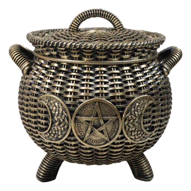 Wiccan Triple Moon Cauldron Pot In Wicker Finish Decorative Trinket Crystals Box