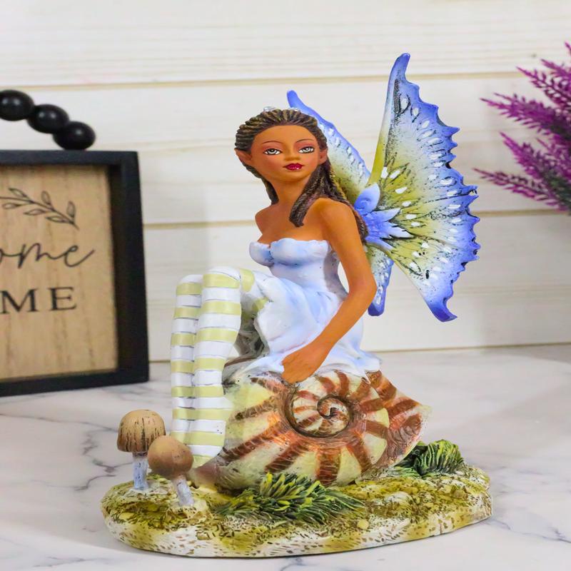 Amy Brown Fantasy Little Fae Ebony Fairy Sitting On Helix Snail Figurine