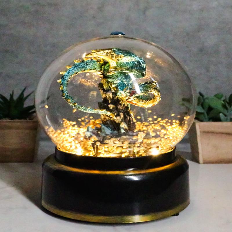 Aqua Blue Dragon On Rock Pillar Musical Air Powered Glitter Globe With LED Light