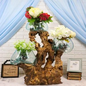 Balinese Gamal Wood Driftwood With Fitted Hand Blown Triple Glass Bowls Vase