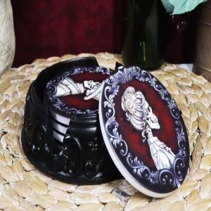 Day Of The Dead Black Floral Scroll Bridal Skeleton Calaveras Couple Coaster Set