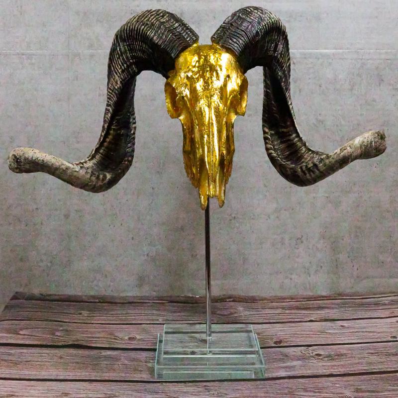 Electroplated Gold Realistic Bighorn Sheep Ram Skull Sculpture On Pole Stand