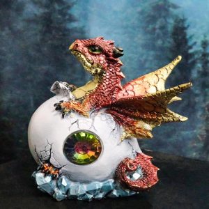 Ember Red Iridescent Jeweled Baby Wyrmling Dragon In Crystal Gem Egg Figurine
