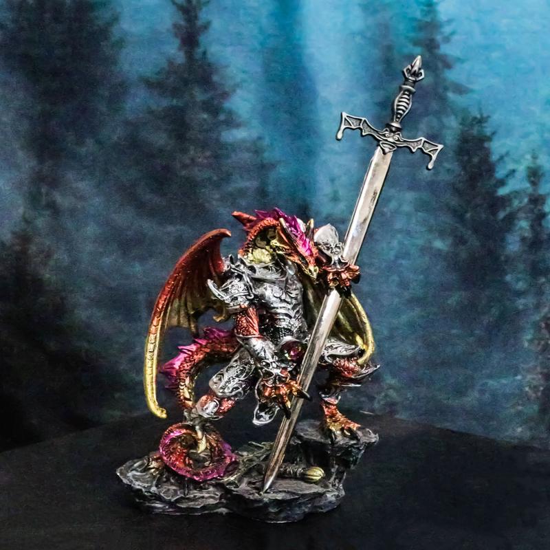 Fantasy Golden Red Armored Dragon With Excalibur Sword Letter Opener Figurine