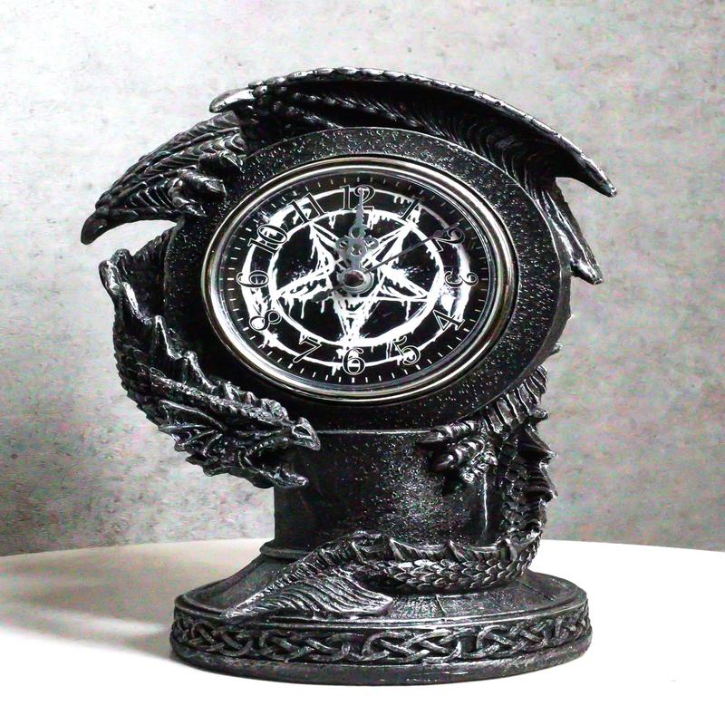 Fantasy Gothic Hour Of The Dragon Drake With Pentagram Star Table Clock Figurine