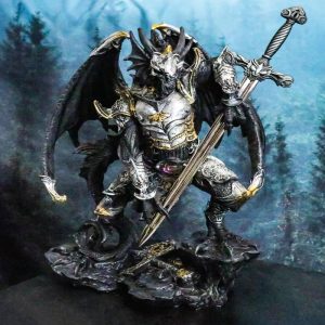 Faux Stone Silver Armored Dragon Holding Excalibur Dagger Blade Sword Statue