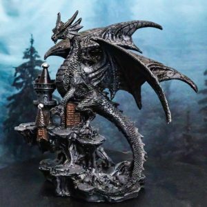Gargantuan Stone Dragon Guarding Medieval Castle On Mountain Steppes Figurine