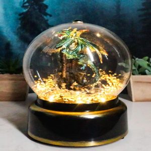 Golden Green Dragon On Castle Mountain Musical LED Air Powered Glitter Globe