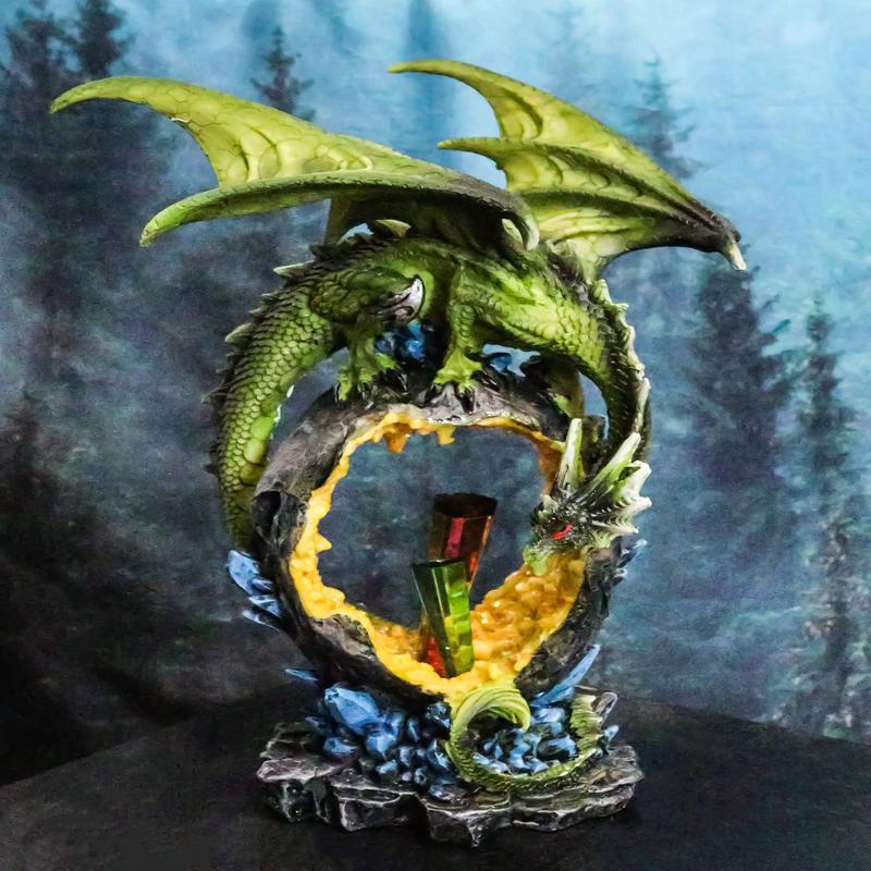 Green Dragon Guarding Faux Geode Crystal Arch Rock With Rainbow Icicle Figurine