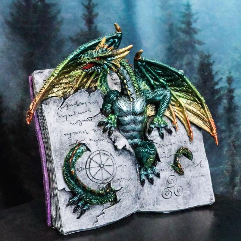 Guardian Of Bibliography Gold Green Dragon Emerging Out Of Spell Book Figurine