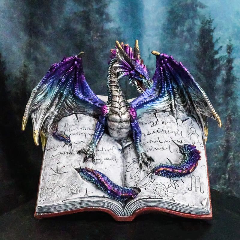 Guardian Of Bibliography Purple Blue Dragon Emerging Out Of Spell Book Figurine