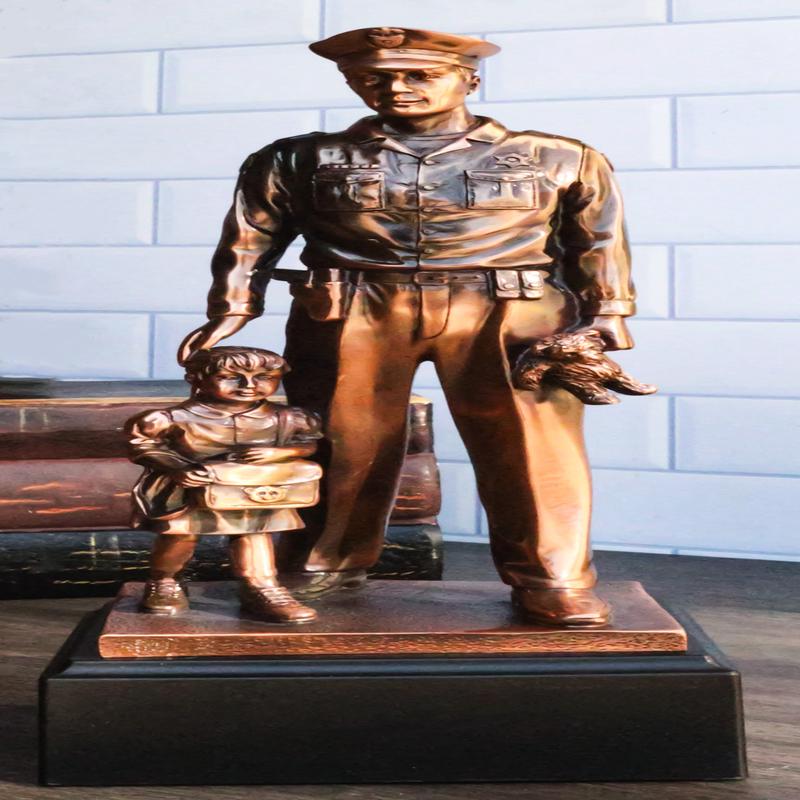 Heroic Men In Blue Police Officer Holding Girl Daughter Hand Bronzed Statue