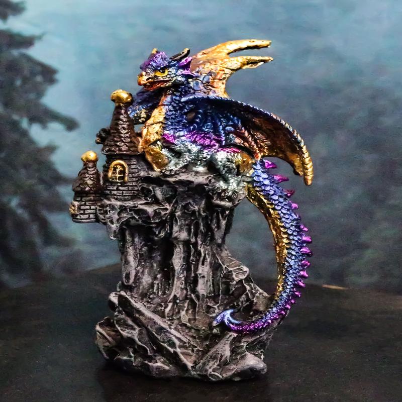 Iridescent Blue Wyrmling Dragon On Rocky Mountain Treasure Castle Top Figurine
