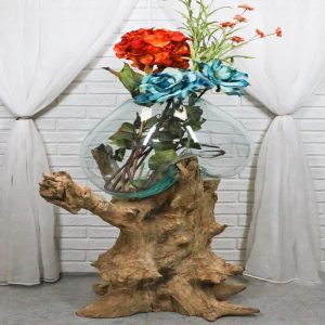 Large 28"H Bali Handicraft Driftwood With Molten Glass Bowl Vase Aquarium Decor