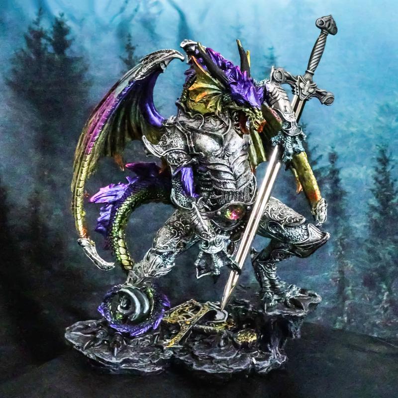 Large Hyperion Rainbow Armored Dragon With Excalibur Sword Letter Opener Decor