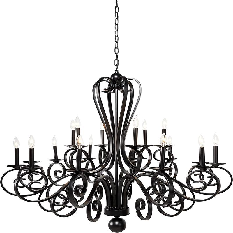 Large Modern Black Iron Ornate French Scroll 18 Arms Chandelier Pendant Lamp
