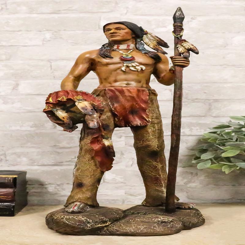 Large Native American Indian Eagle Warrior Chief With Spear And Shield Figurine