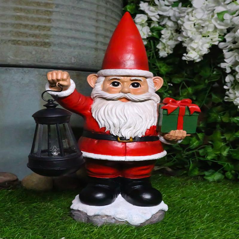 Merry Christmas Santa Claus Holding Gift And Solar Colorful LED Lantern Statue