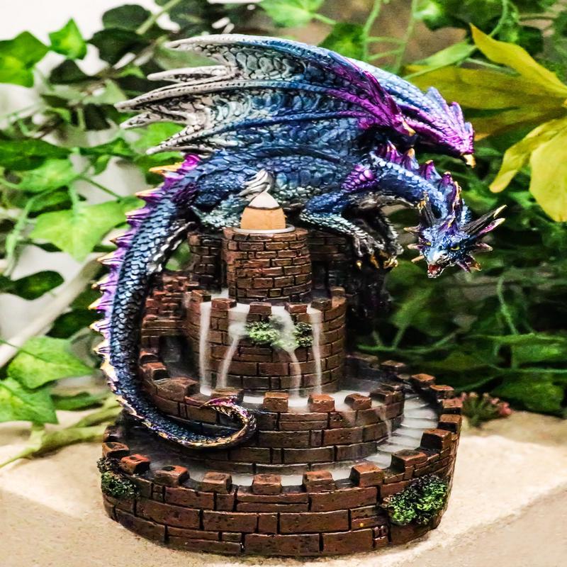 Metallic Blue Dragon On Spiral Steps Castle Tower Backflow Incense Cone Burner