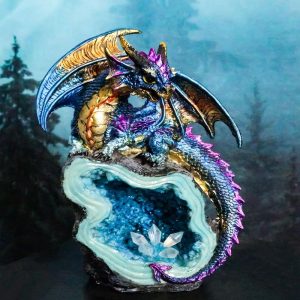 Metallic Blue Iridescent Dragon On Faux Geode Rock Quartz Crystal Cove Figurine