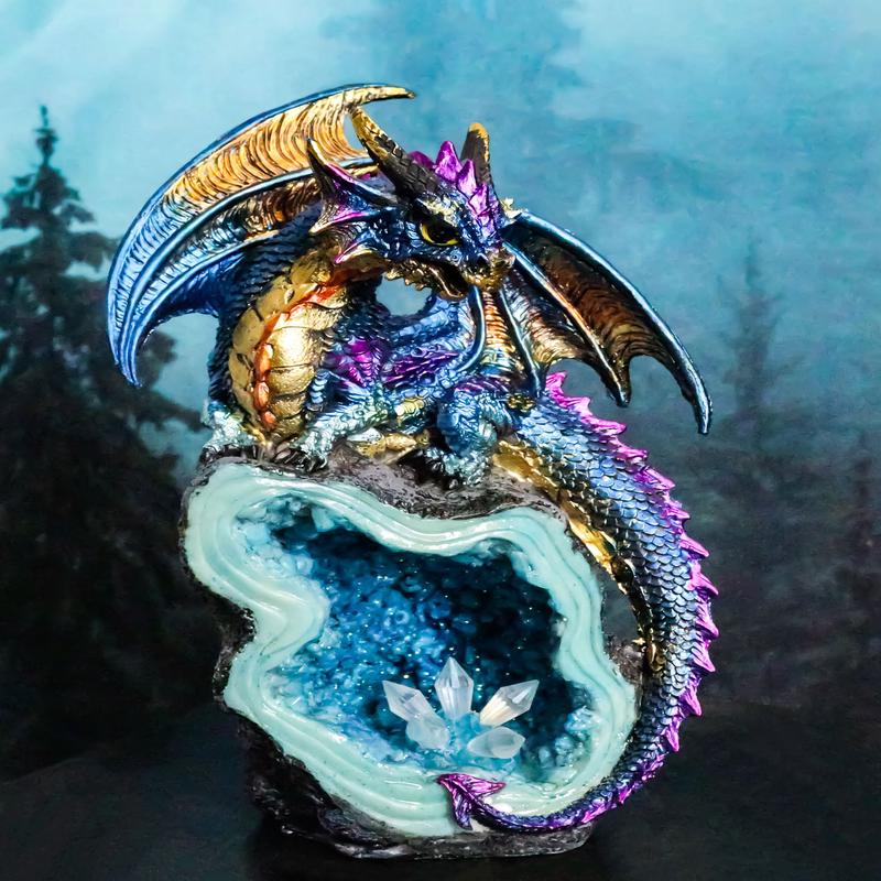 Metallic Blue Iridescent Dragon On Faux Geode Rock Quartz Crystal Cove Figurine