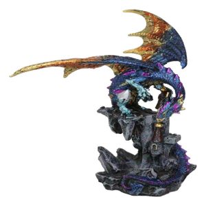 Metallic Blue Iridescent Dragon Protecting Castle On Mountain Cliff Figurine