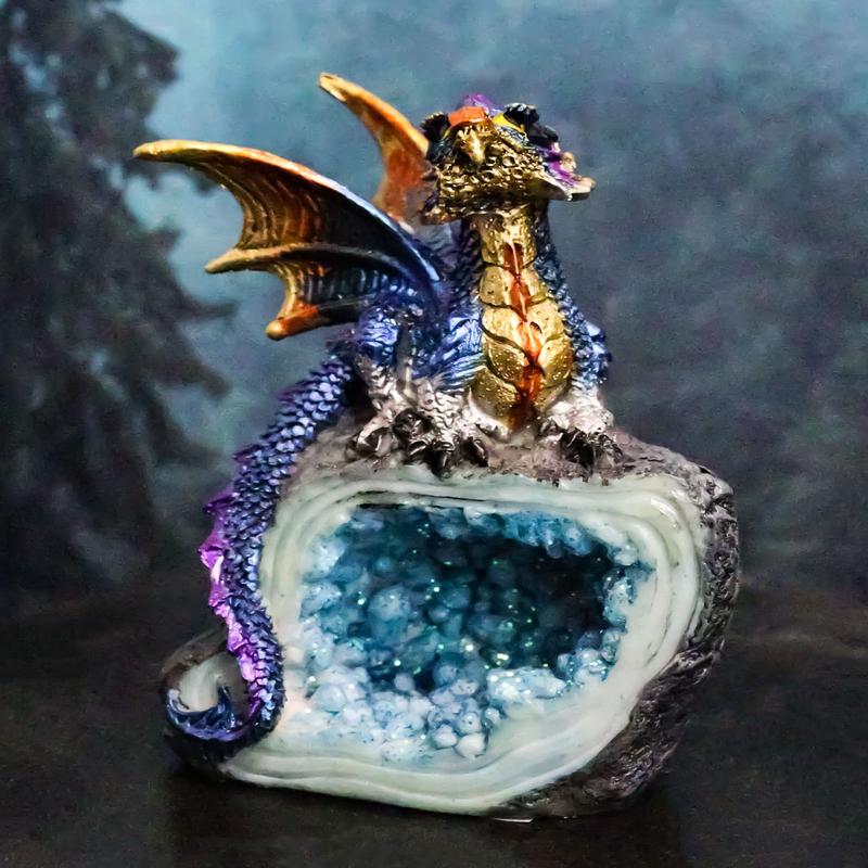 Metallic Blue Iridescent Wyrmling Dragon On Faux Geode Crystal Rock Figurine