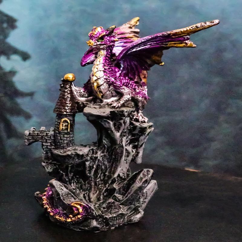 Metallic Golden Purple Dragon Guarding Castle Tower On Mountain Cliff Figurine
