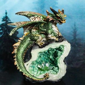 Metallic Green Iridescent Dragon On Faux Geode Rock Quartz Crystal Cove Figurine