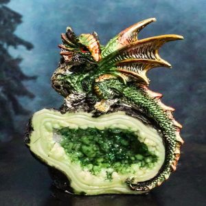 Metallic Green Iridescent Wyrmling Dragon On Faux Geode Crystal Rock Figurine