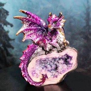 Metallic Purple Iridescent Wyrmling Dragon On Faux Geode Crystal Rock Figurine
