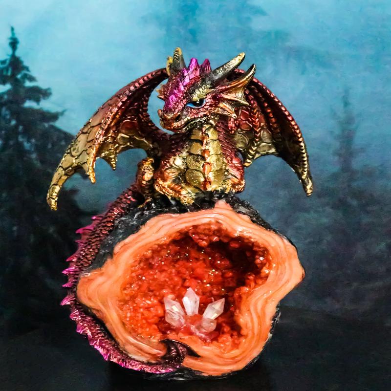 Metallic Red Iridescent Dragon On Faux Geode Rock Quartz Crystal Cove Figurine