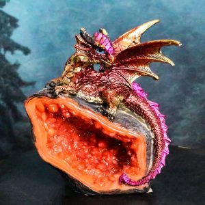 Metallic Red Iridescent Wyrmling Dragon On Faux Geode Crystal Rock Figurine 4"H