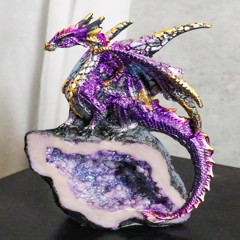 Midnight Space Purple Iridescent Dragon On Faux Geode Rock Crystal Cove Figurine
