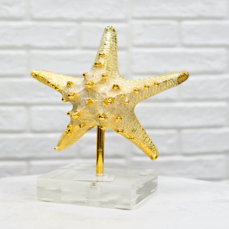 Nautical Marine Coral Golden Sea Star Shell Starfish Sculpture Acrylic Base