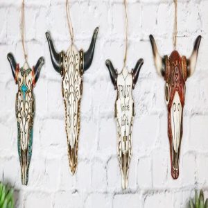 Pack of 4 Rustic Western Turquoise Cross Tooled Leather Cow Skull Tree Ornaments