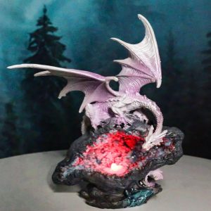 Pink Dragon Guarding Colorful LED Quartz Faux Geode Rock Crystal Cove Figurine