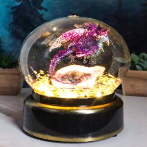Purple Dragon On Faux Geode Crystals Musical LED Light Air Powered Glitter Globe