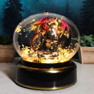 Red Dragon On Rocky Mountain Castle Musical LED Light Air Powered Glitter Globe